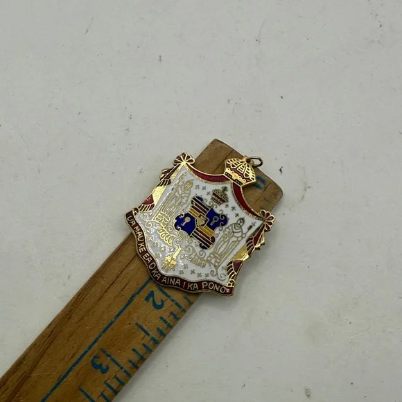 Vintage Hawaiian Coat Of Arms Enamel Pendant Jewelry Folk Art White Gold Tone - Picture 4 of 6